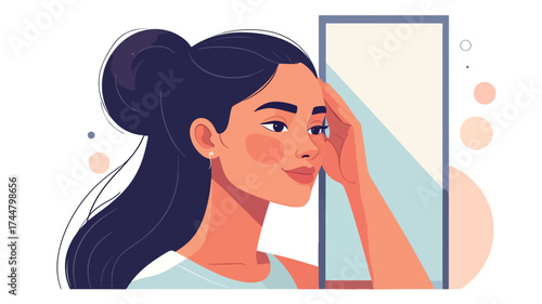 Woman looking at herself in a mirror, illustration.