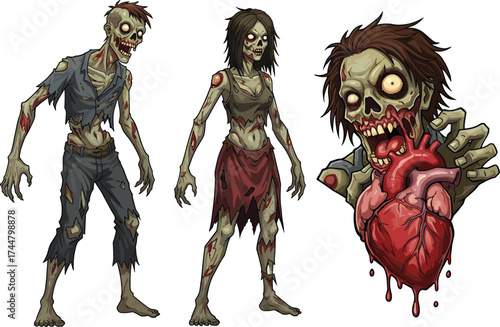 Zombie cartoon characters, grotesque horror illustration, scary undead couple, creepy monster head biting human heart, Halloween vector art, spooky design, cad drawing flat vector illustration