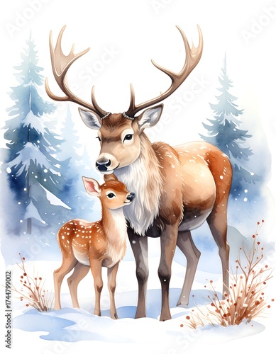 Winter scene with deer mother and fawn.  Soft watercolor style, snowy forest background