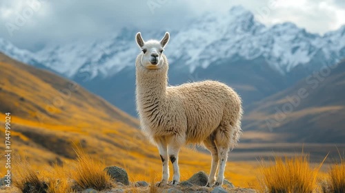 A Majestic Llama Posing in the Andean Mountains.