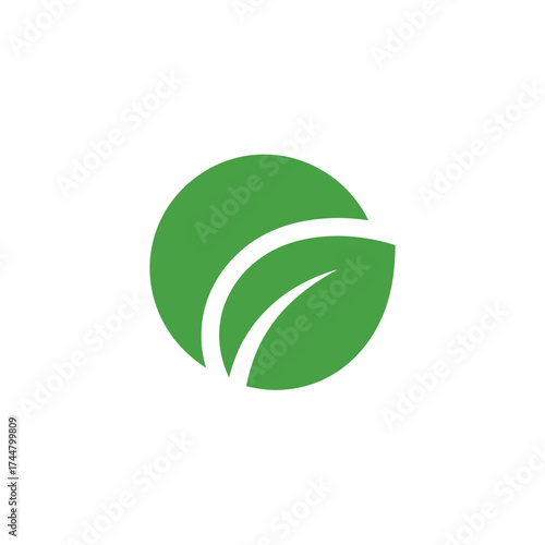 Minimalist green circular logo featuring two stylized leaf shapes, symbolizing natural growth and environmental care.