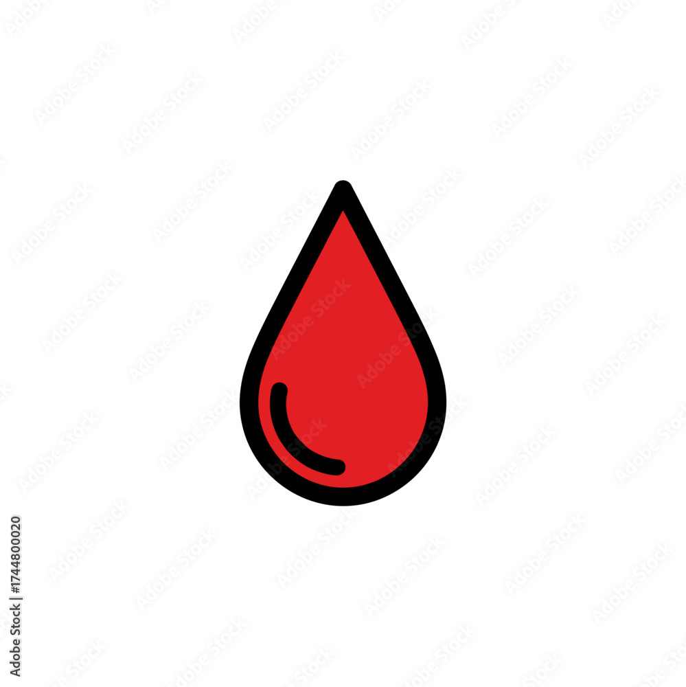 Fototapeta premium A simple graphic illustration of a single red blood drop with a black outline.