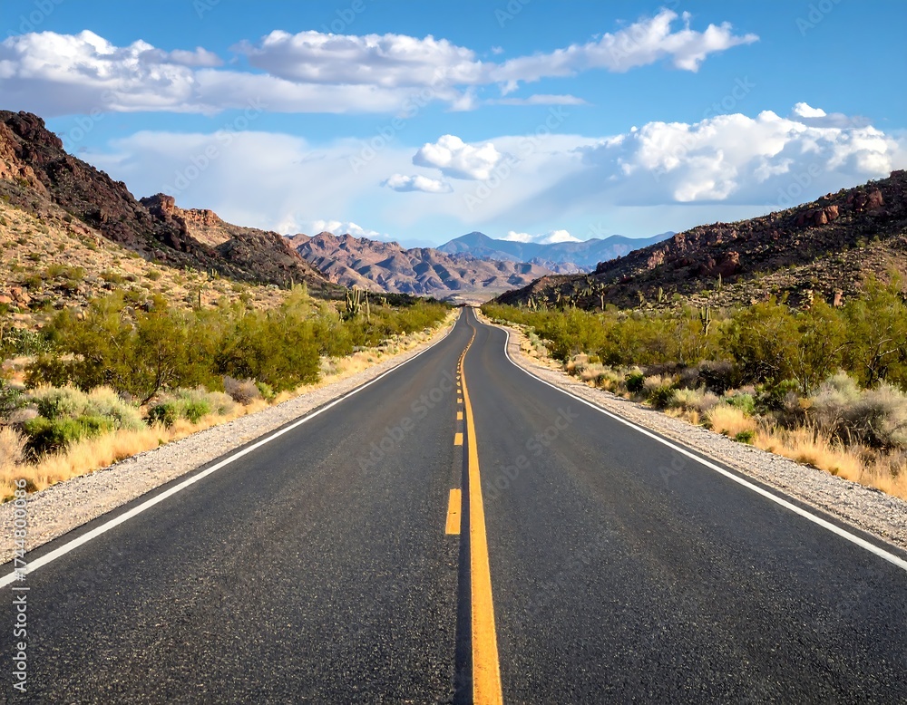 Naklejka premium Open highway perspective through desert landscape under a blue sky