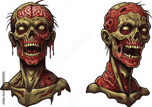 Zombie heads, scary undead monsters, grotesque horror illustration, exposed brain zombie, creepy skull artwork, Halloween design, spooky cartoon drawing, terrifying fantasy character, 