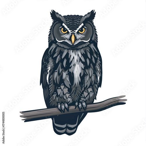 Cute cartoon owl with yellow eyes sitting on a branch in a nature illustration