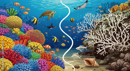 Vibrant Underwater Scene Featuring Colorful Coral Reefs and Diverse Marine Life in a Dramatic Vector Artwork