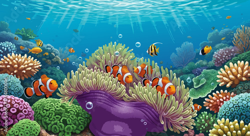 Vibrant Underwater Coral Reef Ecosystem with Clownfish and Colorful Coral Structures