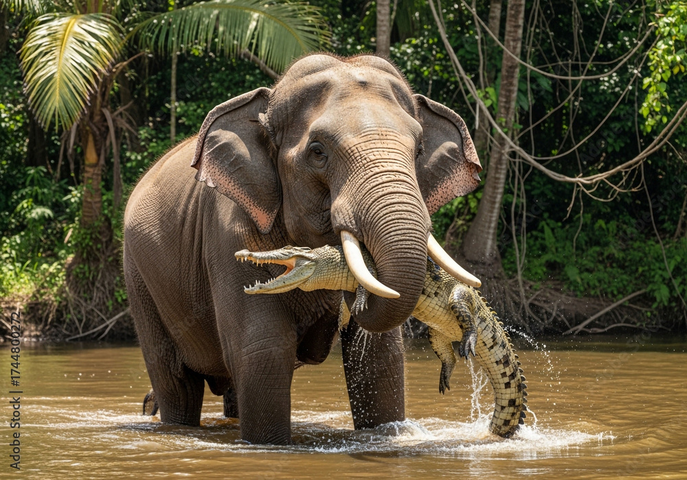 Fototapeta premium Elephant carrying a crocodile in its mouth while standing in a river.