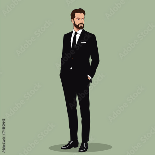 Stylish bearded man in black suit illustration. Confident businessman looking aside with hands in pockets on green background.