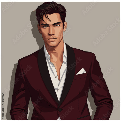 Elegant man in burgundy tuxedo. Stylish male portrait illustration with confident expression. Modern formal fashion graphic design.