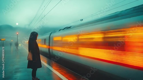 A solitary figure watches a speeding train on a rainy platform.