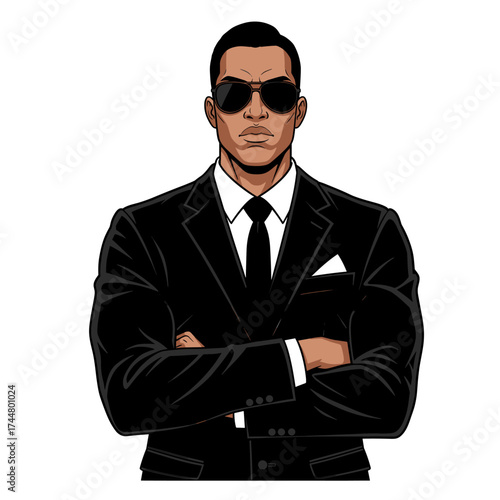 Confident Man in Black Suit and Sunglasses, Arms Crossed, Professional Agent Character Illustration