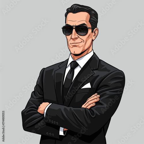 Confident Man in Black Suit and Sunglasses, Arms Crossed. Professional Agent or Bodyguard Cartoon Illustration.