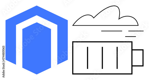 Blue geometric shape beside battery icon and cloud outline, representing data storage, sustainability, technology, renewable energy, efficiency, digital innovation, and eco-friendly solutions in