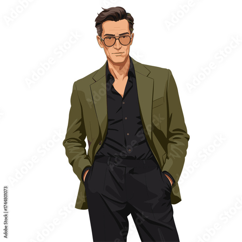 Confident Man in Olive Blazer and Glasses. Modern Professional Character Illustration.