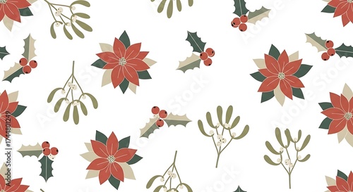 Christmas poinsettia and mistletoe pattern isolated on white background