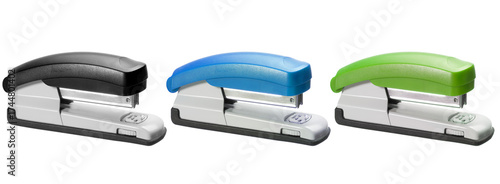 Three colorful staplers isolated on transparent background
