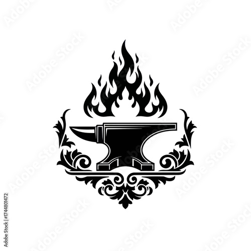 Blacksmith anvil silhouette with flames and ornate decoration.