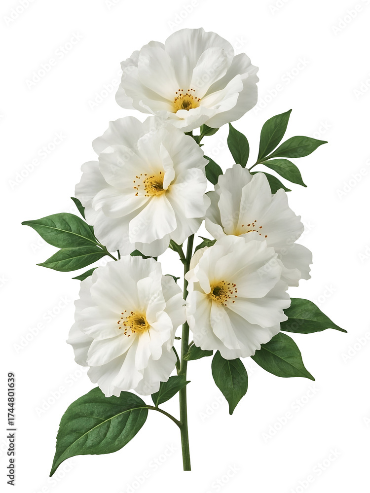 Obraz premium White Rose Blossoms with Green Leaves on Black Background isolated on a transparent background