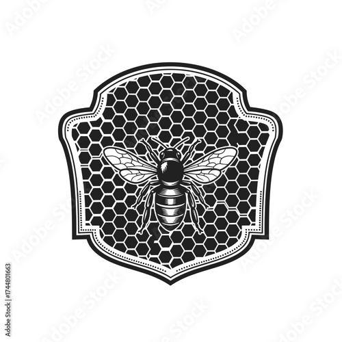 Detailed illustration of a bee on a honeycomb pattern within a decorative shield emblem.