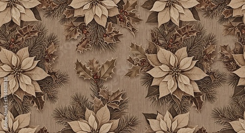 Textured seamless pattern of poinsettias and pine needles