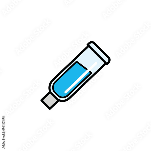 An illustration of a test tube tilted to the right, filled with a blue liquid.