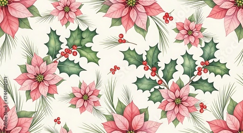 Watercolor seamless pattern of pink poinsettias, holly, and pine branches