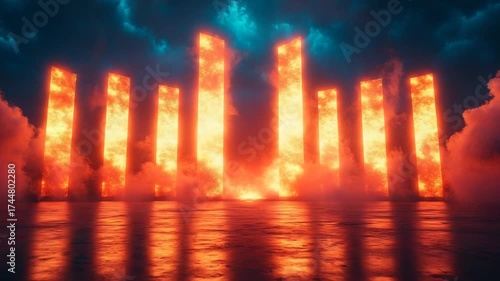 Abstract fiery pillars reflecting on water at night, glowing orange and red against a dark sky.