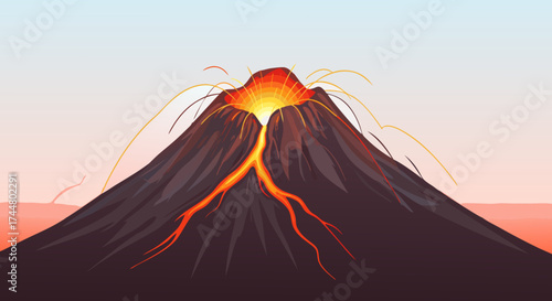 Digital Illustration of Erupting Volcano with Lava Flows and Bright Explosion