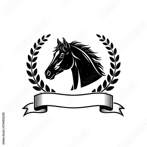 Elegant Horse Head Emblem with Laurel Wreath and Banner.
