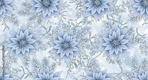 Seamless pattern of blue poinsettias and glittery branches