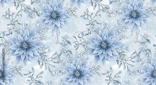 Seamless pattern of blue poinsettias and glittery branches