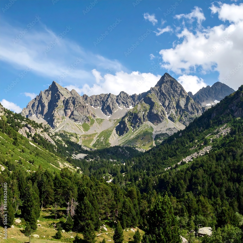 Fototapeta premium Mountain Range with Valley and Forest under a Bright Sky