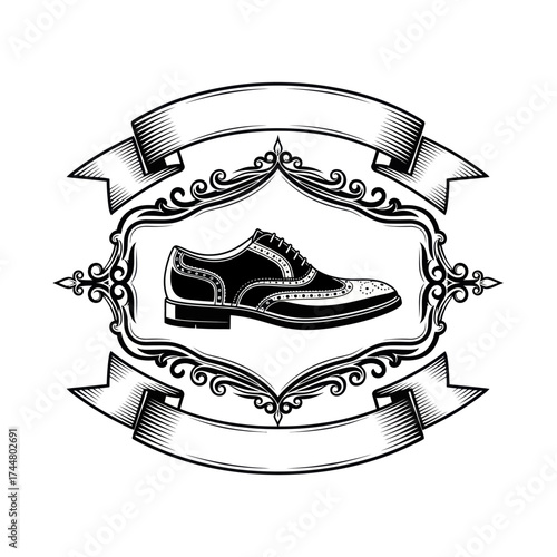Elegant Wingtip Shoe Emblem with Ornate Frame and Ribbons.