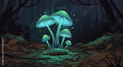 Bioluminescent Mushrooms Growing in a Dark Forest Scene