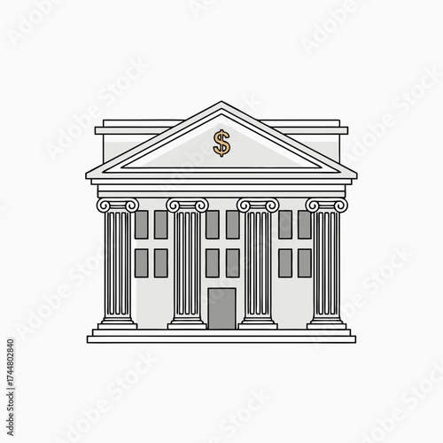 Bank Building with Classic Columns and Wealth Symbol on the Facade