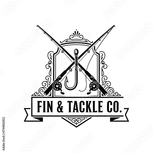 Fin  Tackle Co. Logo Featuring Fishing Rods and Hook in Ornate Frame.