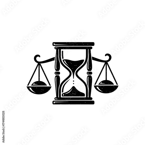 Hourglass and Scales of Justice Symbolizing Time and Fairness.