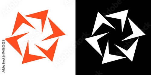 Abstract Geometric Icon: A visually striking abstract geometric icon, showcased in both vibrant orange on a clean backdrop and inverted to stark white on black, embodying versatility. 