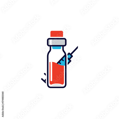 A medical vial filled with red liquid, with a syringe poised to inject into it, symbolizing vaccination or treatment.