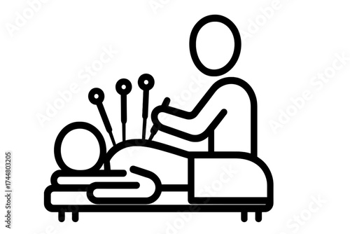 Acupuncture therapy icon. Alternative medicine concept. Acupuncturist, patient and needles. Traditional Chinese medicine for healing, wellness and back pain relief. Vector.