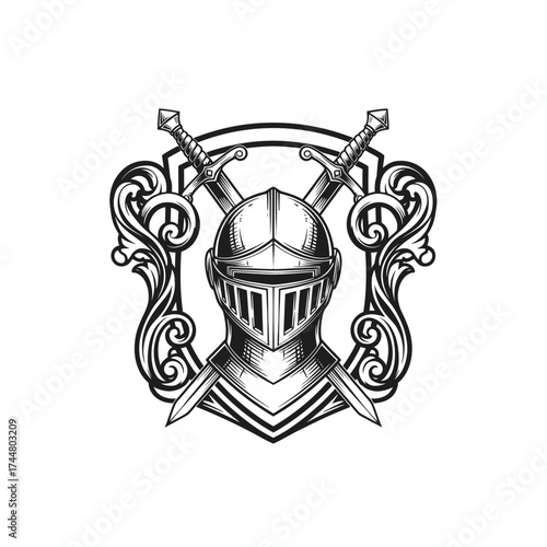 Knight Helmet with Crossed Swords and Ornate Frame Engraving.