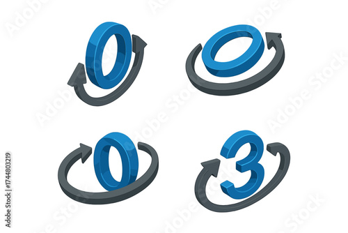 360 degrees 3D isometric icons set. Vector illustration of rotation and panorama symbols. Circular arrow signs for virtual tour, angle view, and refresh concepts.