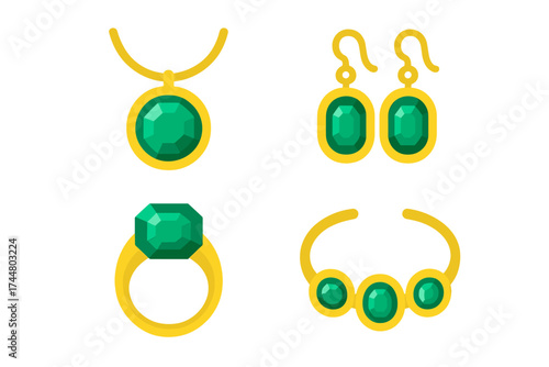 Gold jewelry set with emeralds vector icons. Luxury collection of necklace, ring, earrings, and bracelet with green gemstones. Precious fashion accessories for women. Flat design.