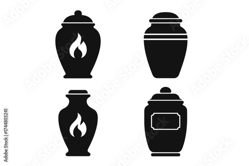 Cremation urn icon set for funeral and memorial design. Vector silhouette collection of ancient jars and pots for ashes. Death, ceremony, and remembrance concept symbols.