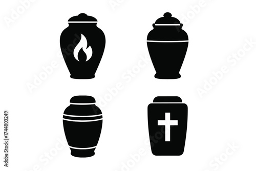 Cremation urn icon set for funeral and memorial. Vector silhouette of burial jars for ashes. Death and grief concept. Christian cross and eternal flame symbol for cemetery.