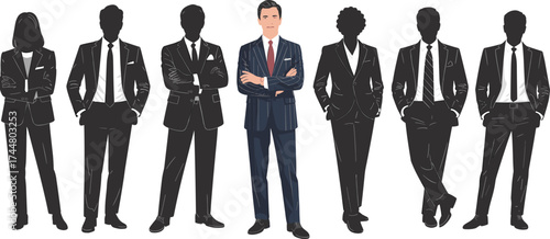 Business team illustration with standout leader, professional group vector, corporate individuality concept, leadership selection clipart, formal attire design, candidate spotlight graphic