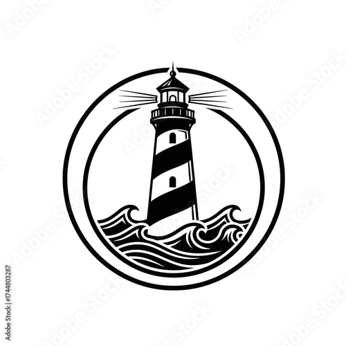 Lighthouse beacon stands tall amidst ocean waves within a circular frame.