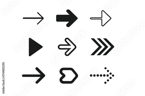 Arrow icon set pointing right. Forward, next, continue direction symbol. Navigation pointer sign collection. Simple black graphic element for web, app, UI, UX. Vector.
