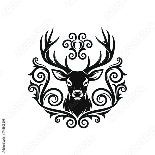 Majestic deer head with ornate antlers and decorative swirling frame.